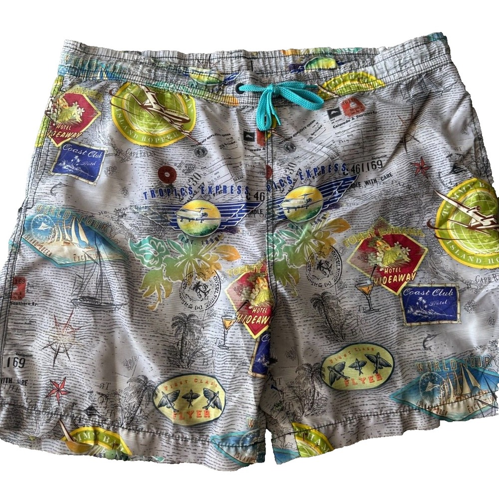 Tommy Bahama Relax Mens Swim Trunks Vintage Travel Stamp Island Hopper Large